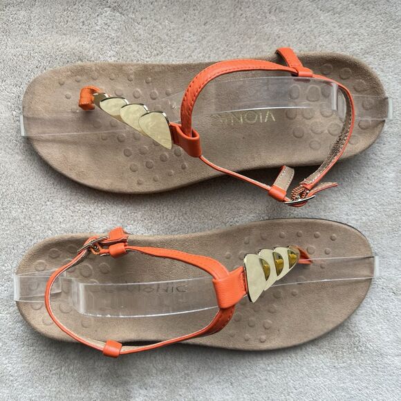 Vionic Rest Miami Orange Leather T-Strap Sandals Women 8 Gold Accents Strappy - Picture 6 of 14